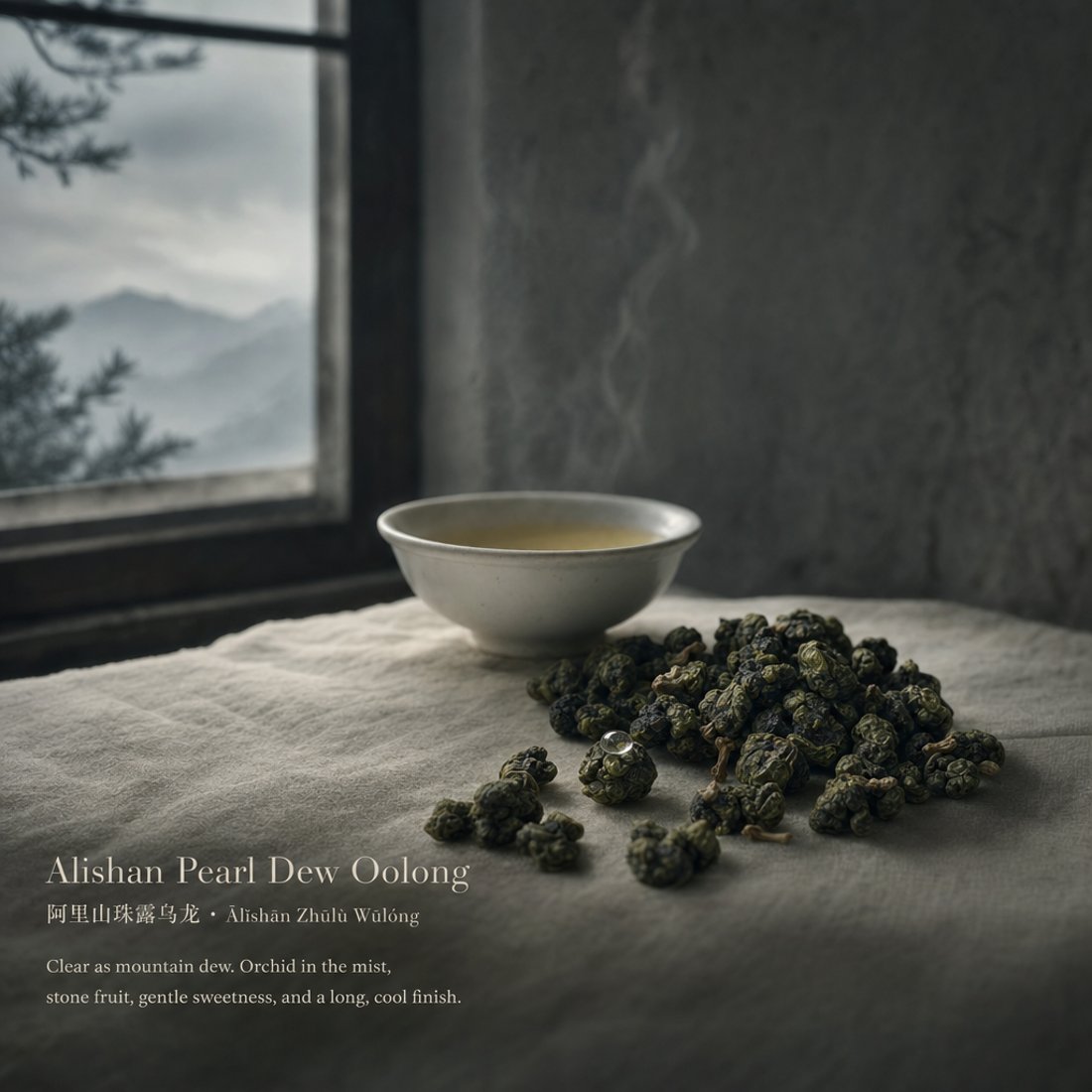A teamotea tea photographed in a cinematic setting: a muted desaturated anamorphic still of the tea