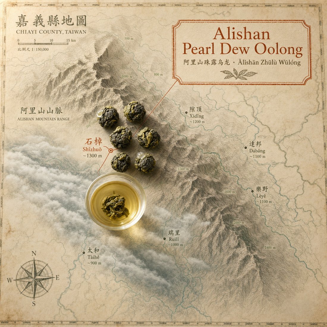A teamotea tea photographed in a provincial-terroir setting: an antique-style map of the tea's province as backdrop