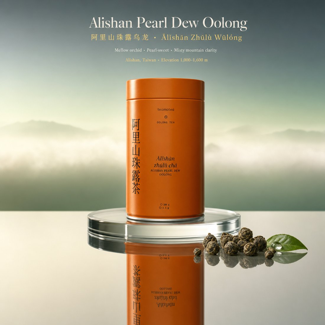 A teamotea tin photographed in a luxury-minimal setting: glossy reflective pedestal