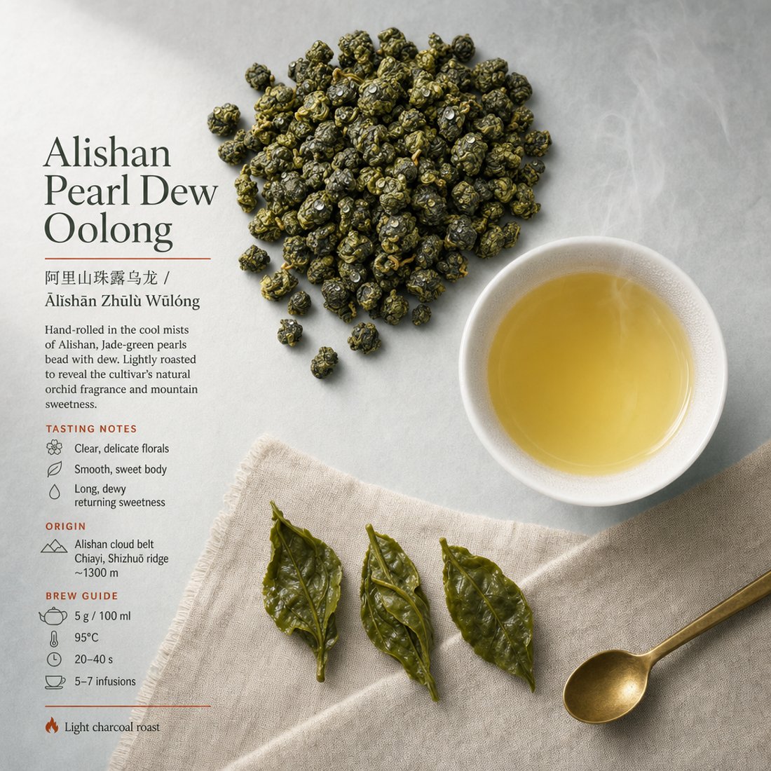 A teamotea tea photographed in a editorial setting: top-down art-directed flat-lay: the real loose tea