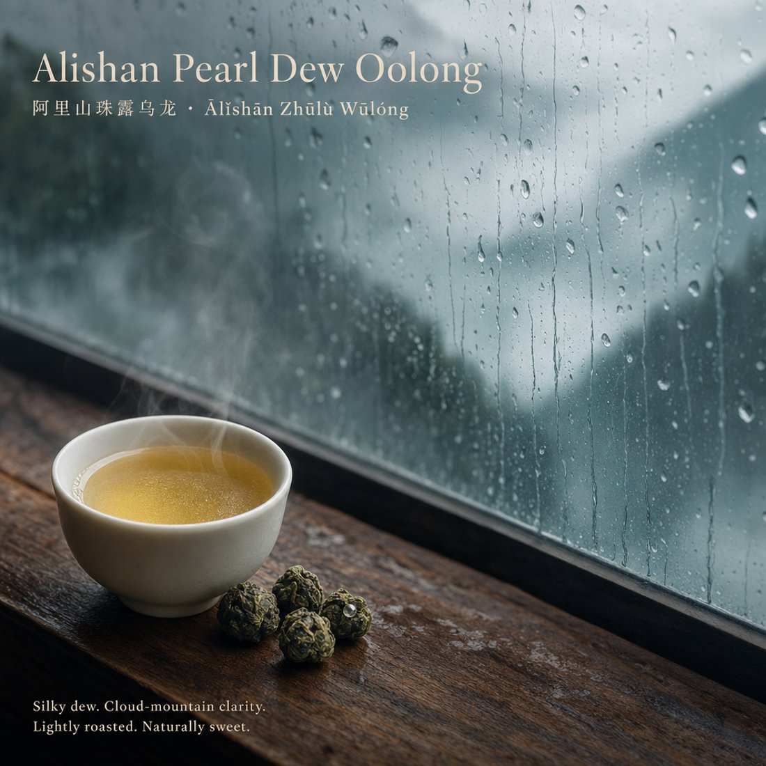 A teamotea tea photographed in a cinematic setting: a cup of the tea by a rain-streaked window