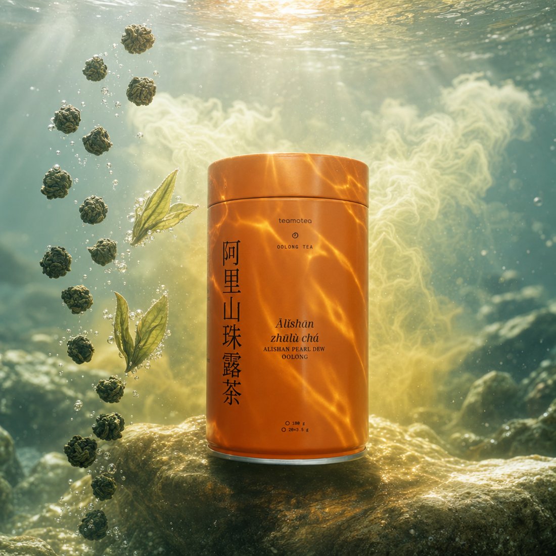 A teamotea tin photographed in a cinematic setting: caustic light ripples as if gently submerged