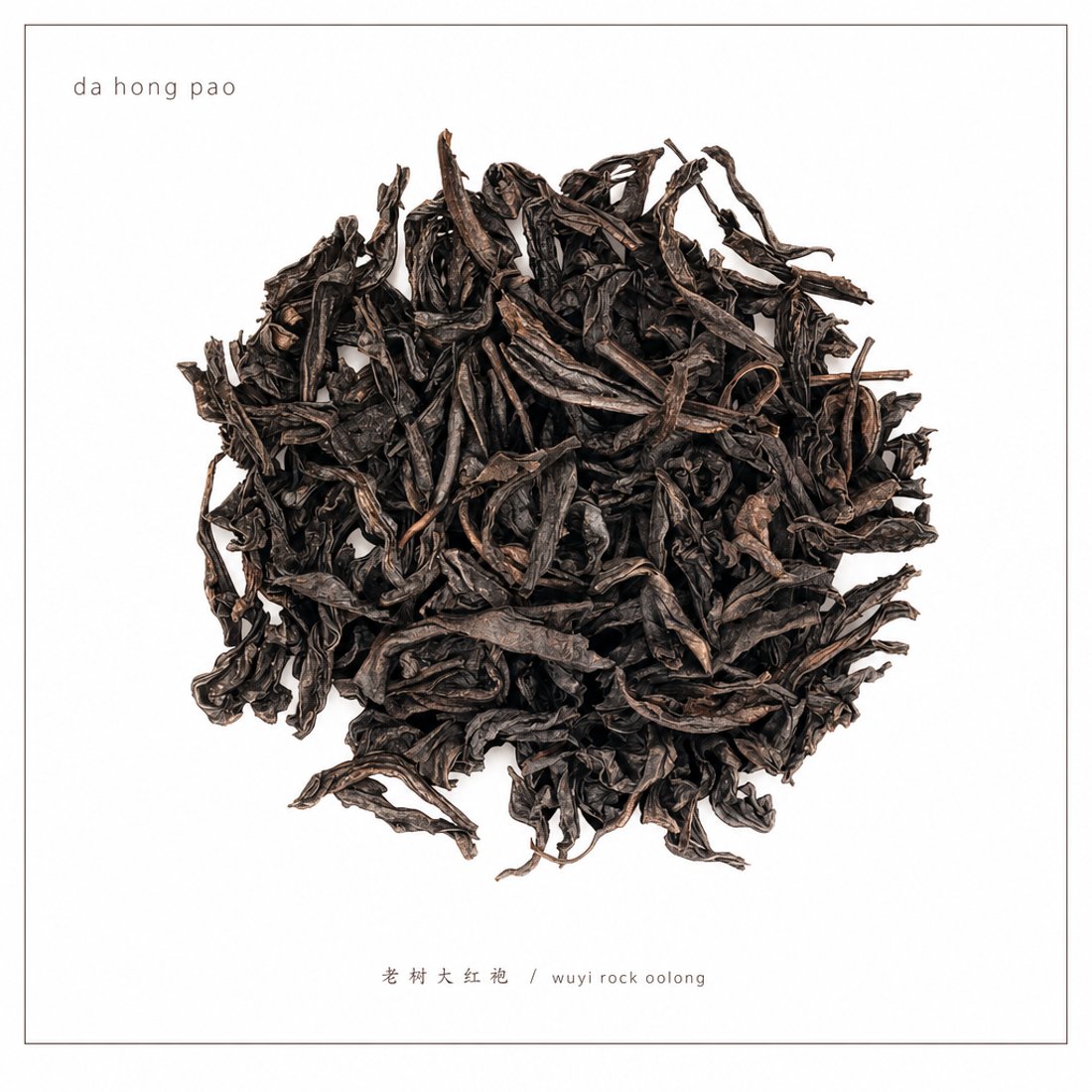 Two glossy dark cubes of pu-erh resin photographed small and centred on ivory paper inside a thin dark rule