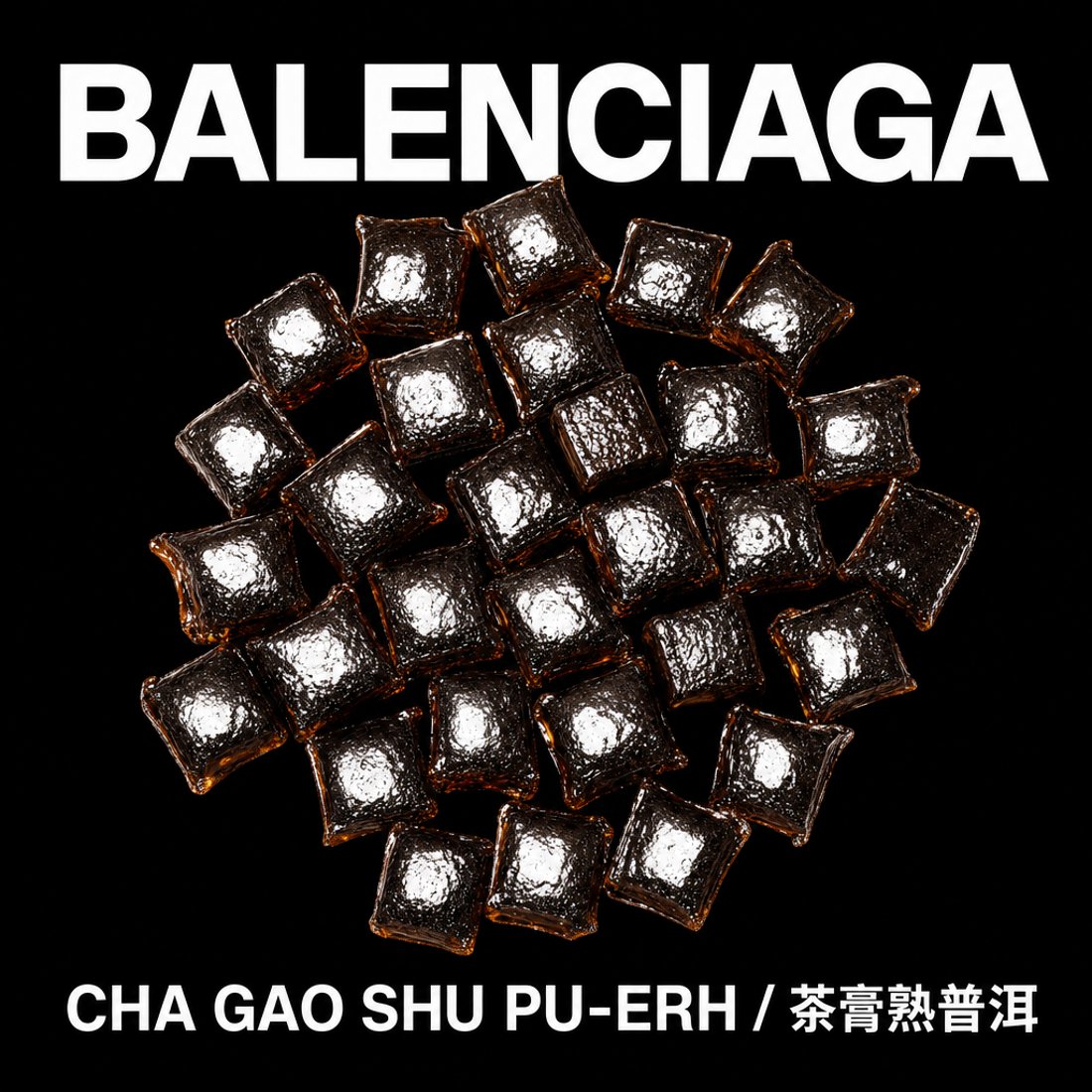 Glossy black pressed pu-erh squares heaped in a circle on a black ground, under a wide white uppercase headline