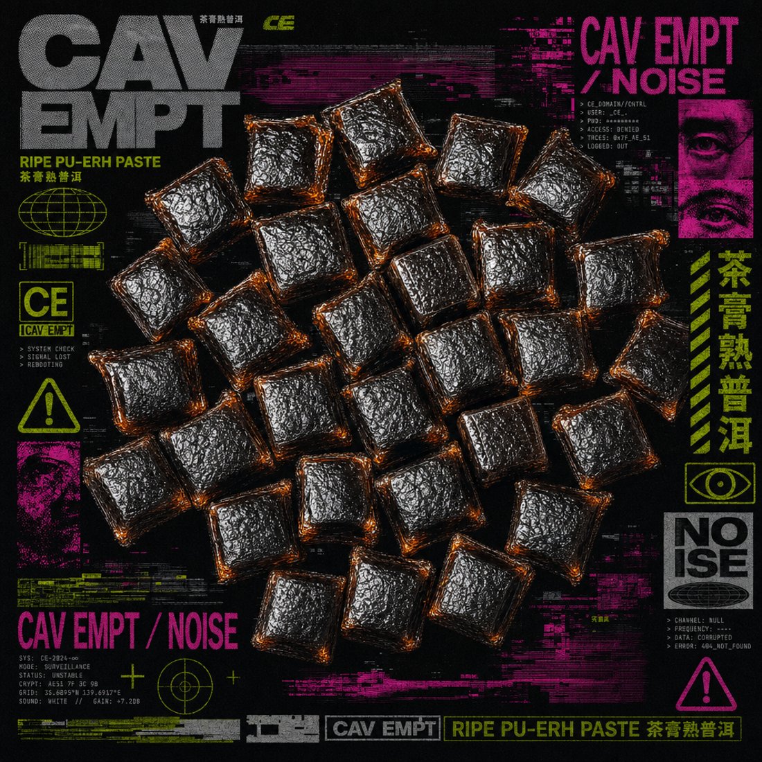 Pu-erh paste cubes on black surrounded by acid green and magenta glitch bands, hairline status panels and a warning triangle