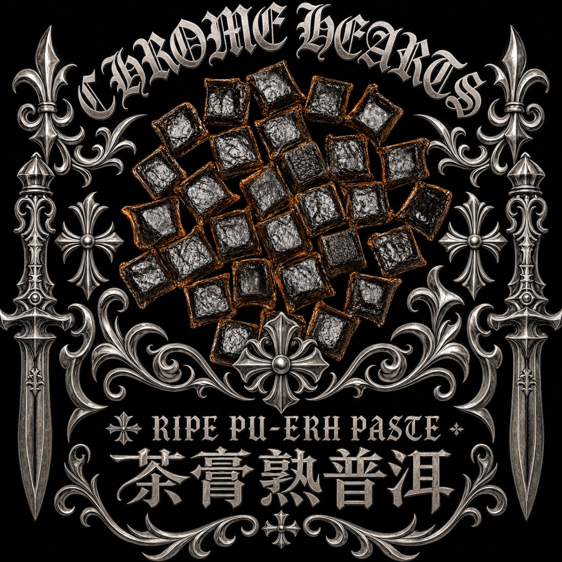 Pressed pu-erh squares centred in a silver crest of crosses and scrollwork on black, with an engraved dagger standing at each side under blackletter capitals