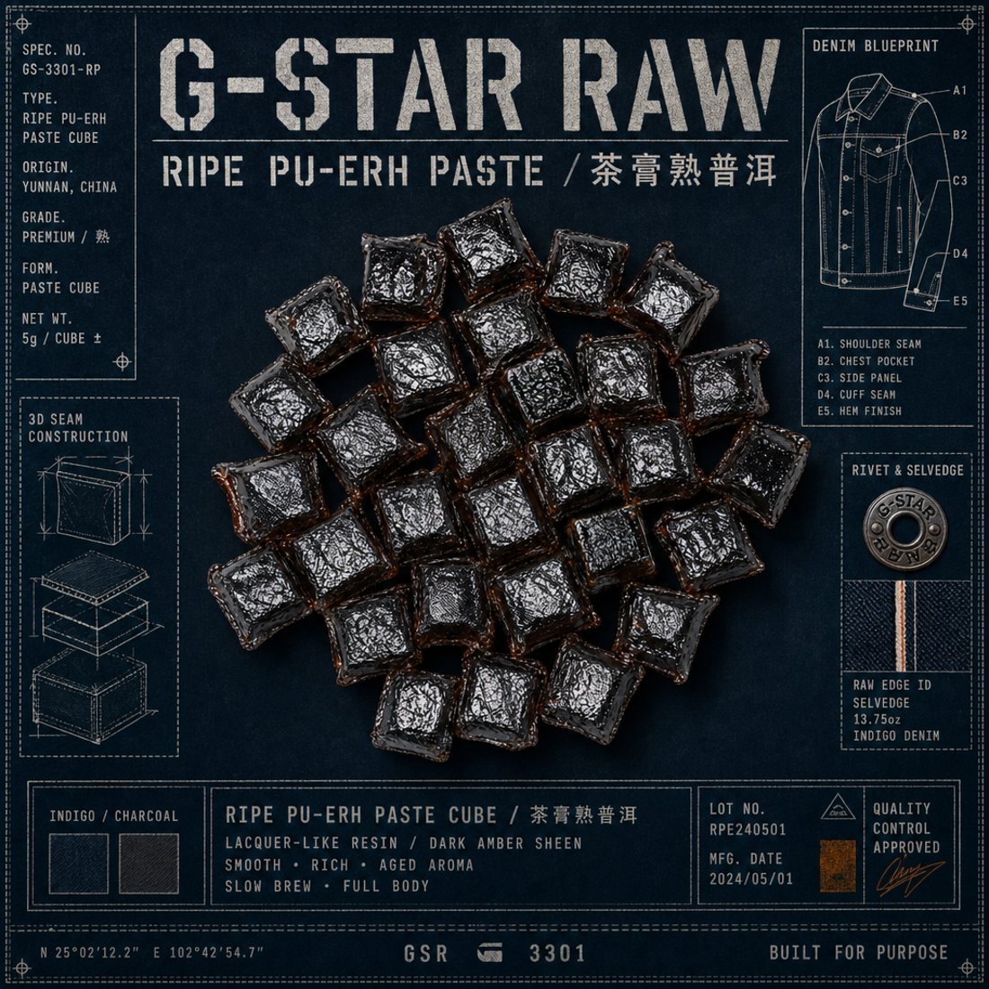 Whole Da Hong Pao leaves on an indigo denim panel surrounded by dimension lines, riveted spec tags and a stencil headline reading Dà Hóng Páo