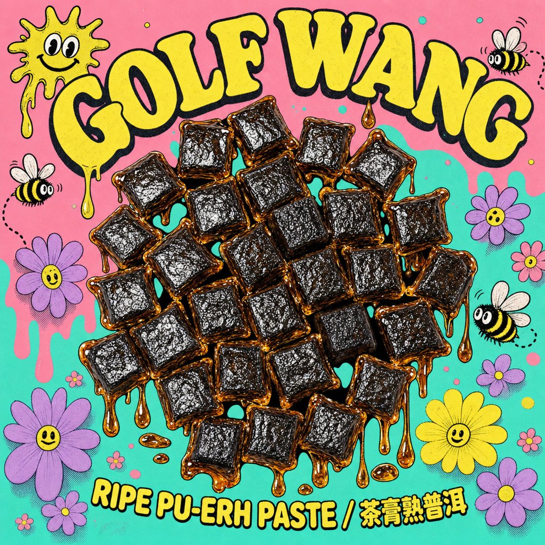 A round pile of dark Wuyi oolong cut out with a wobbly pink outline on white, ringed by cartoon bees, a donut, a crown and yellow and blue stars under bubble lettering