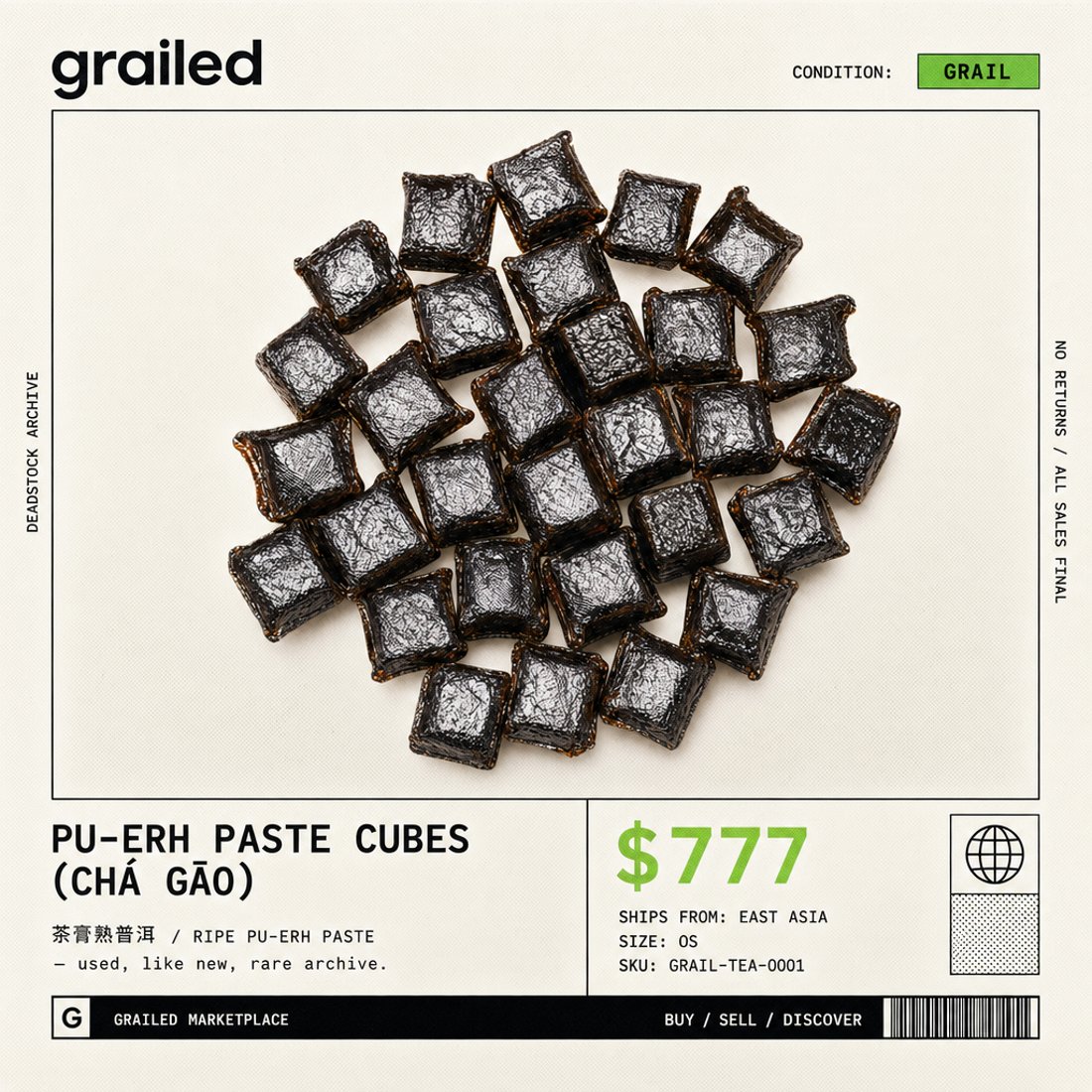 Dark glossy cubes of pu-erh resin shot flat inside a hairline frame on off-white card, under a lowercase logotype and a green condition chip