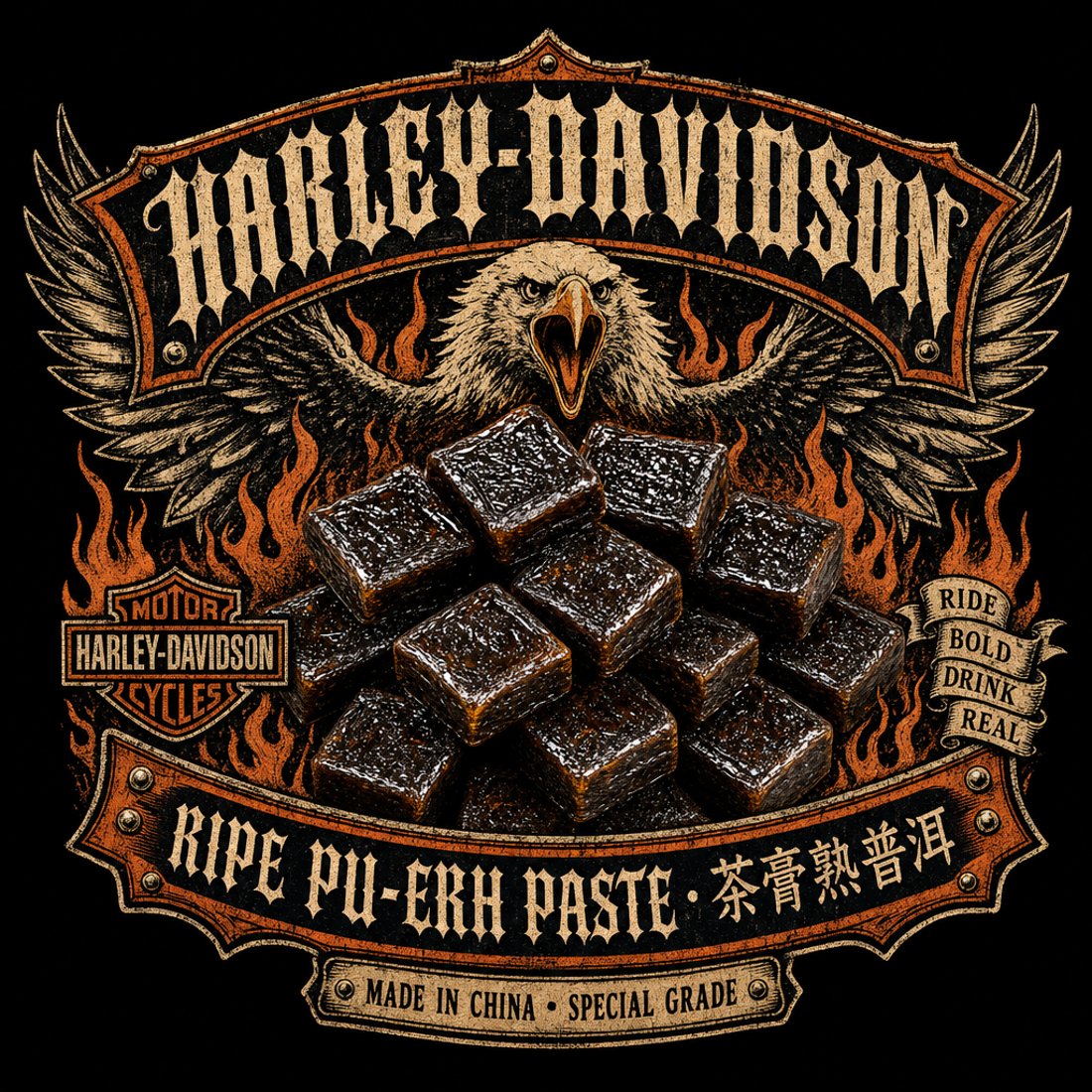 Black panel with a riveted shield, an eagle with spread wings and flames, and a stack of glossy dark pu-erh paste cubes in the centre