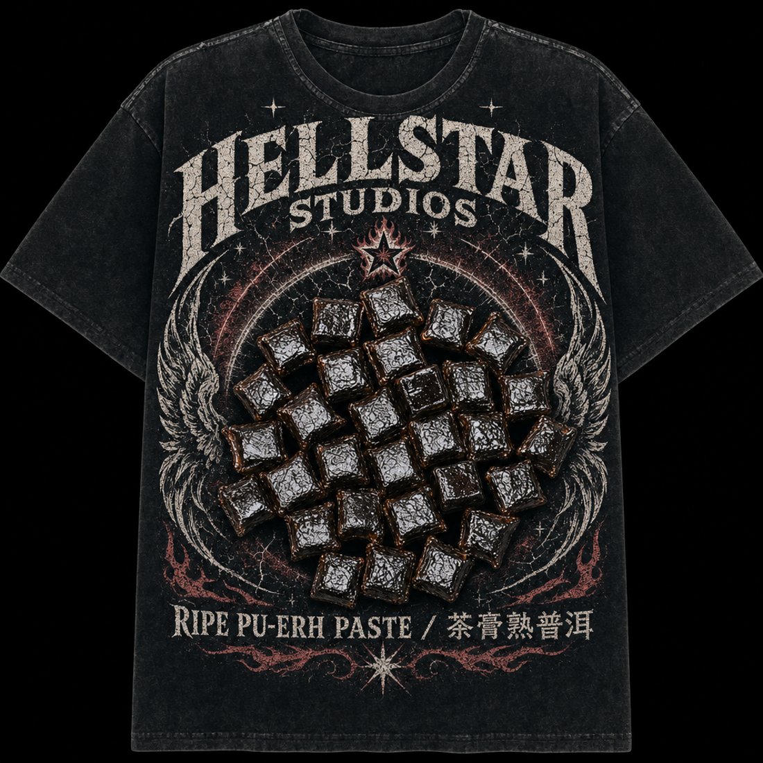 Pressed ripe pu-erh squares on a washed black tee, framed by engraved angel wings and a flame-wrapped star under a cracked bone-white headline