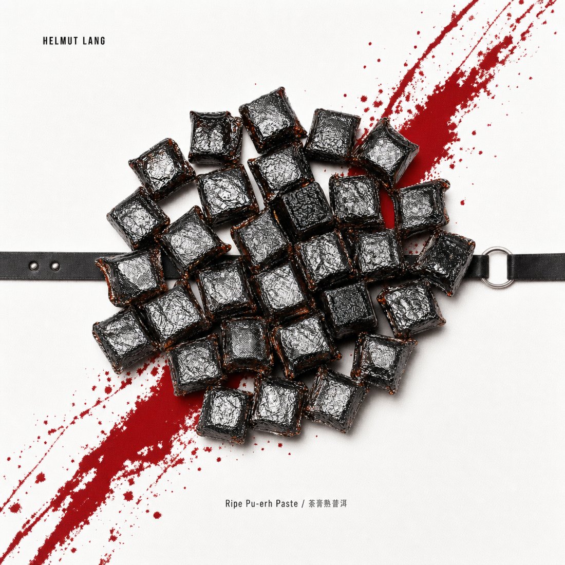 Pressed pu-erh cubes on white paper crossed by a black strap with a metal ring and a diagonal dragged stroke of dark red pigment