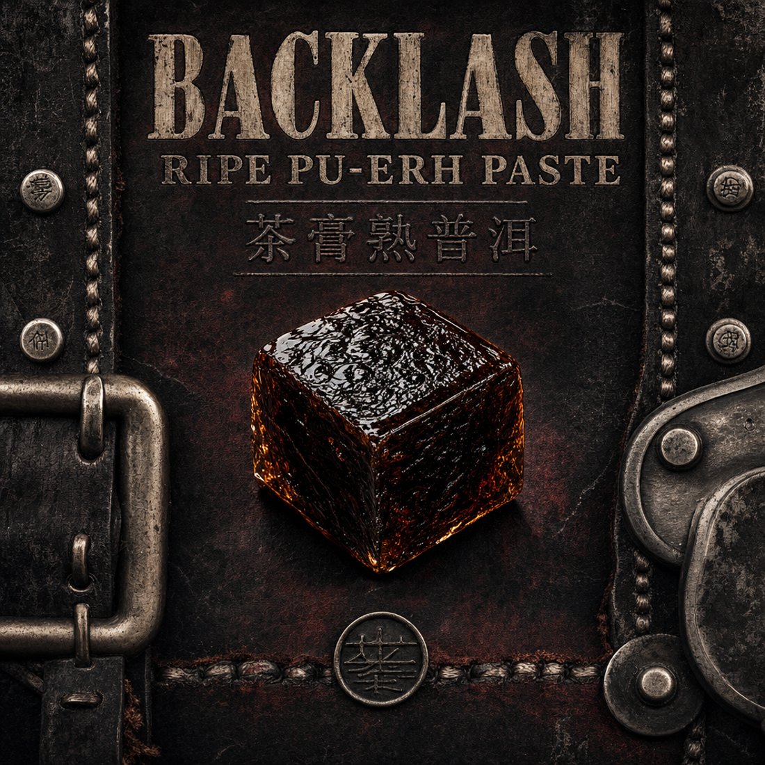 A block of pu-erh paste on cracked black leather between a steel buckle and brass rivets, the name blind-embossed above