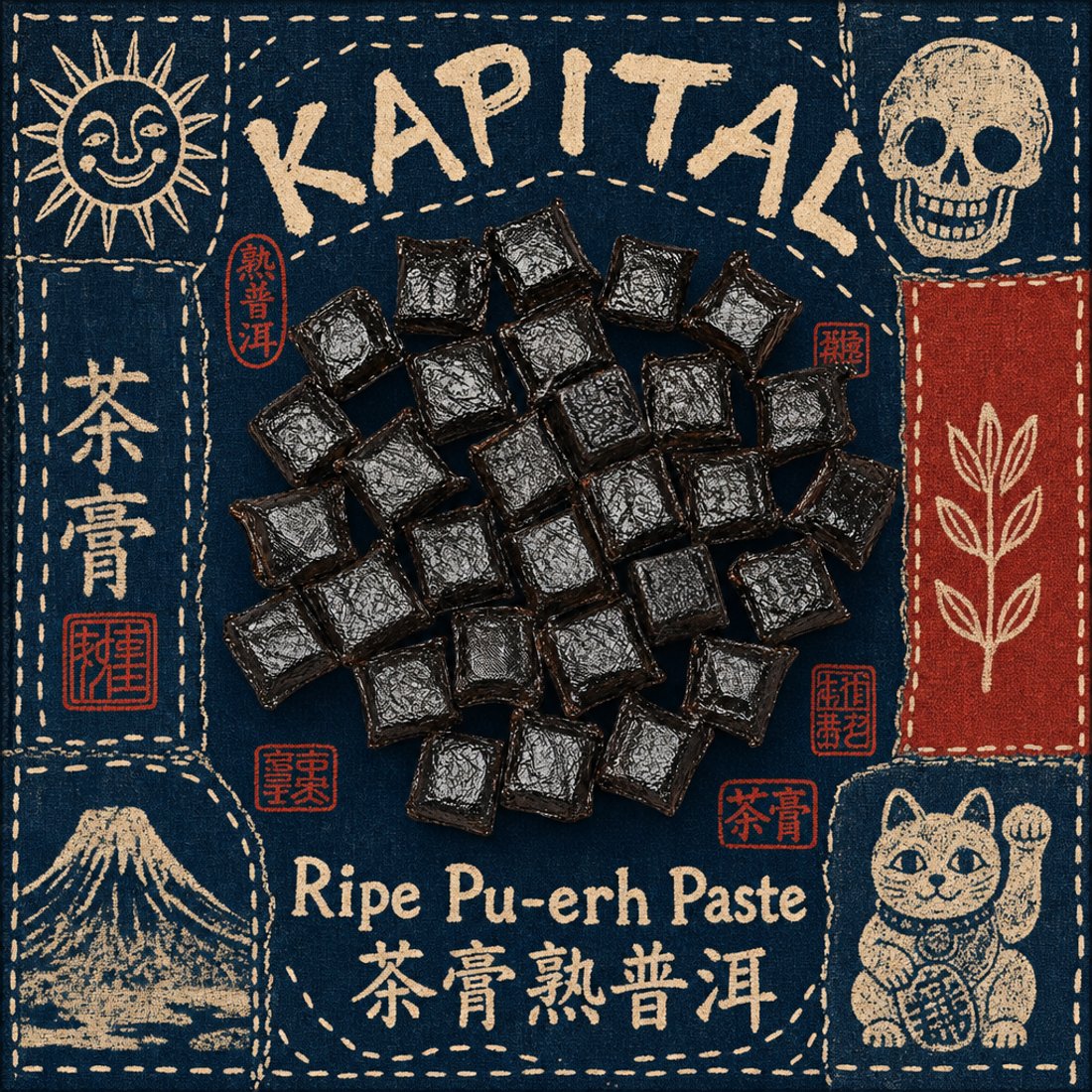 Pressed pu-erh squares on a patched indigo cloth with cream running stitch, a smiling sun, a flat skull, a beckoning cat and red seal stamps around them
