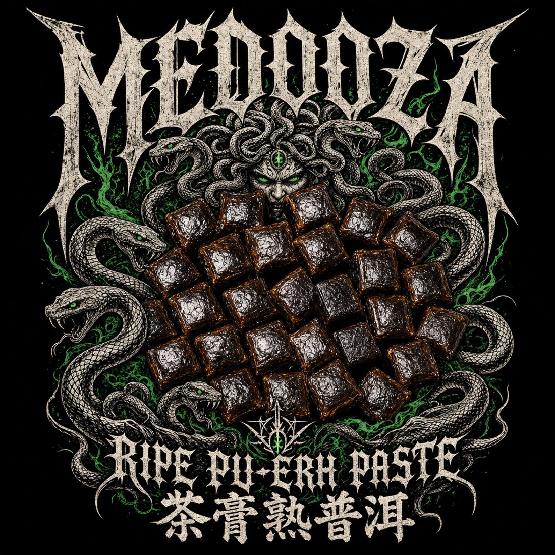 Black panel with a fine-line engraved head wreathed in snakes above a heap of glossy dark pu-erh paste cubes, spiked white lettering across the top