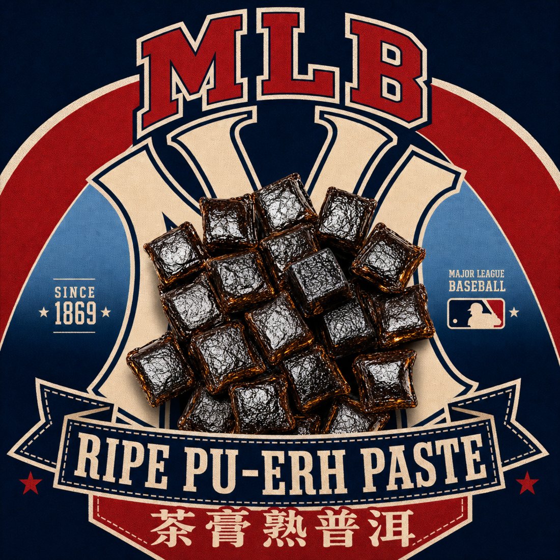 Twisted golden-tipped red tea filling the open counters of a navy varsity monogram on cream, with a pennant and an embroidered crest