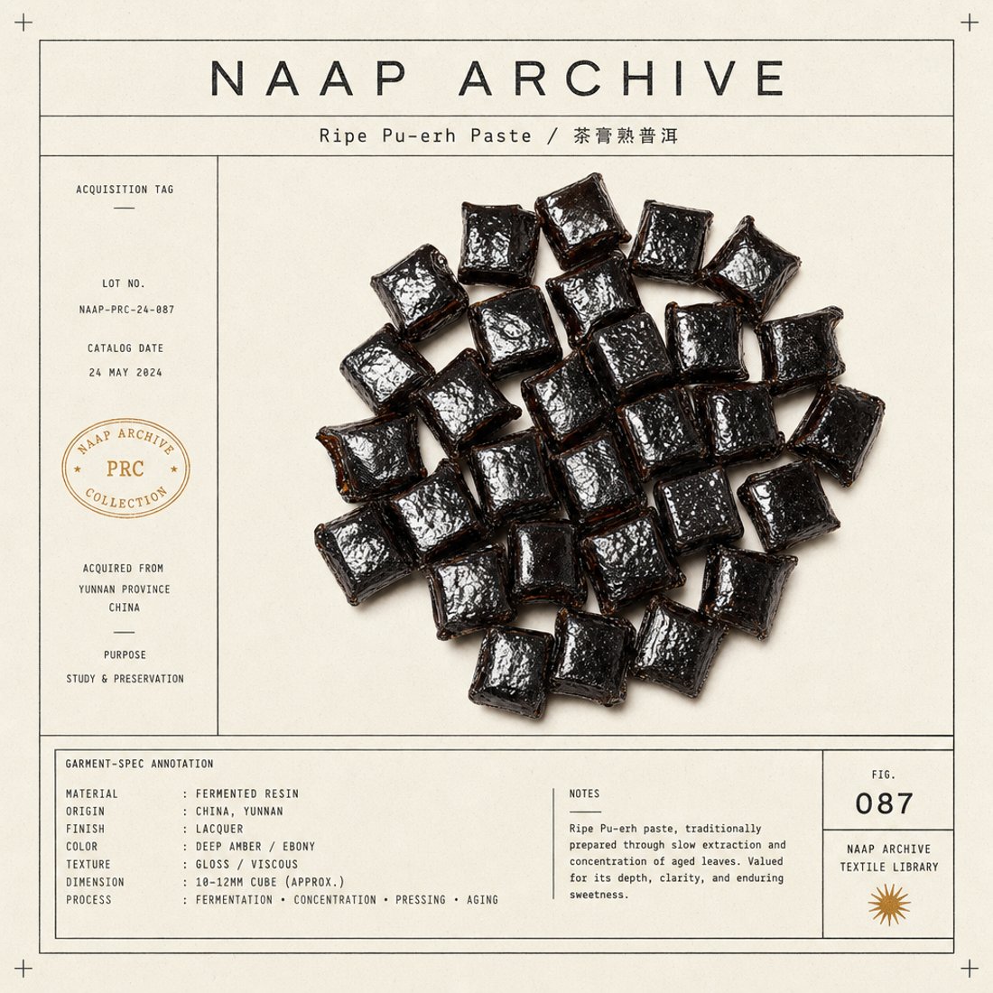 A round pile of black Fujian leaf with golden tips on off-white paper, leader lines running out to labels and a spec table with tasting dots along the bottom