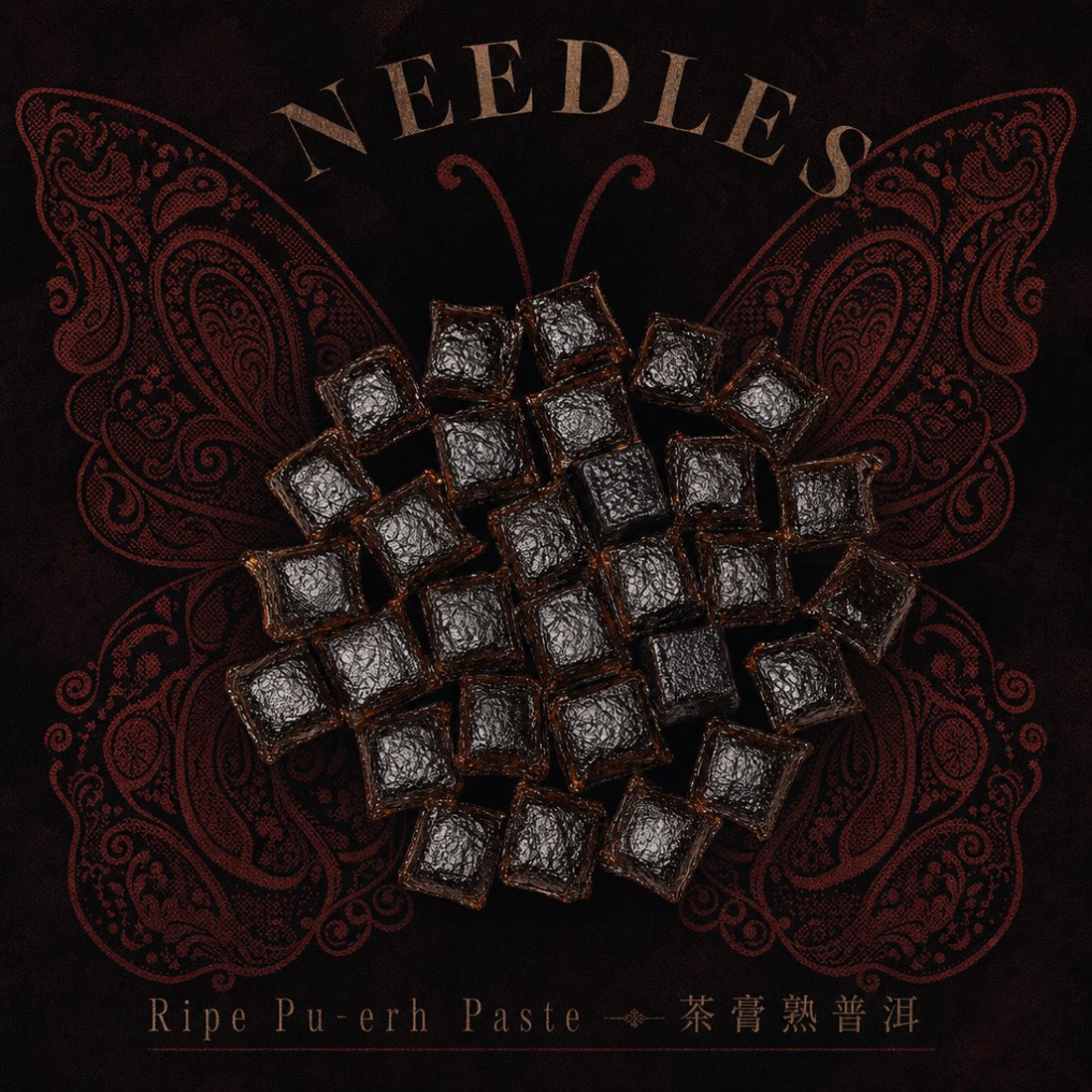A gold and aubergine butterfly of dense paisley engraving on near-black, with a disc of gold-tipped red tea forming its body