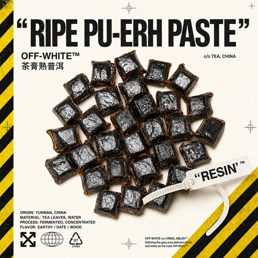Da Hong Pao rock oolong on warm white with an orange zip-tie tag, diagonal hazard stripes in the corners and quoted capitals below