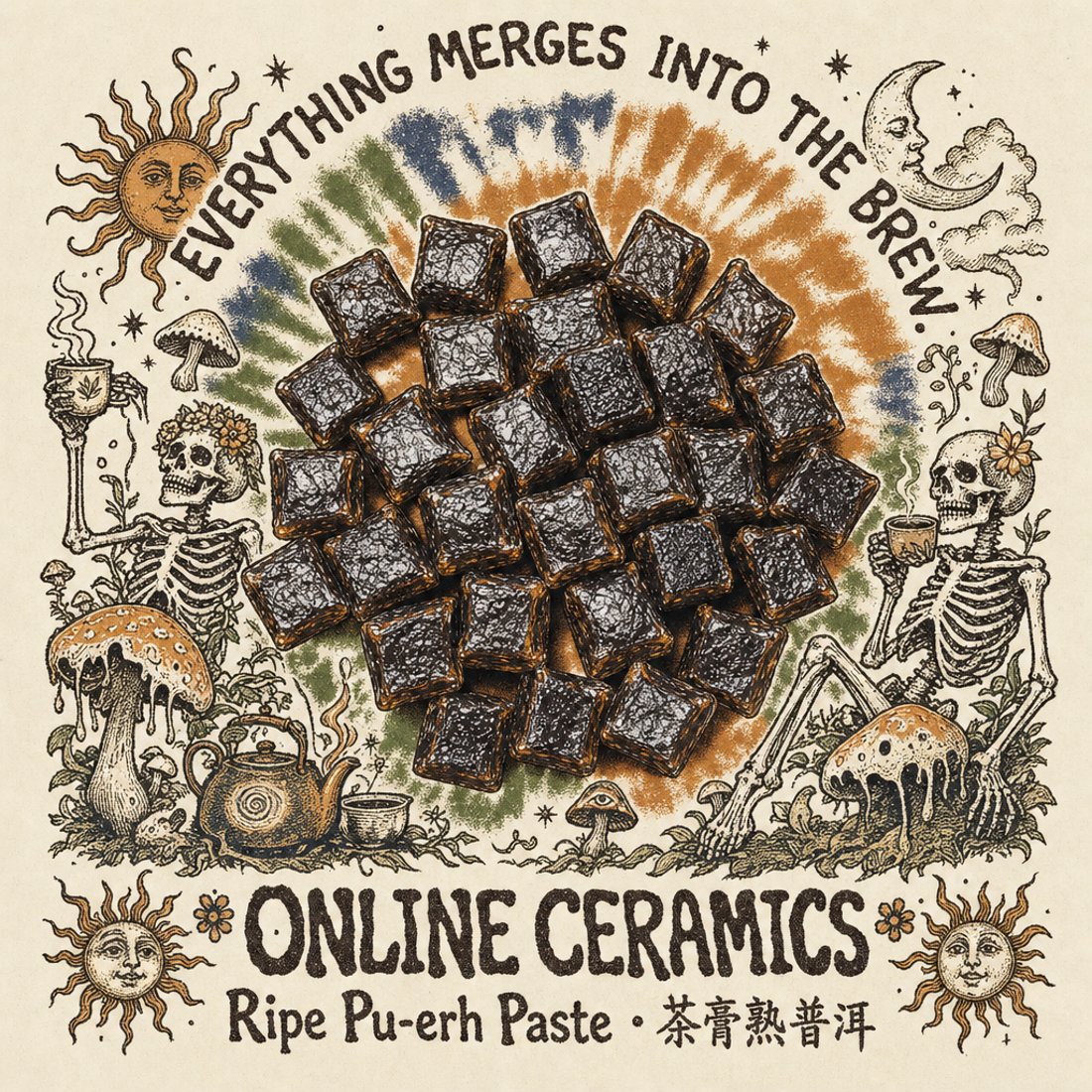 A round pile of dark Wuyi oolong on white ringed by hand-drawn rust flames, green mushrooms and open eyes, under hand-lettered rust display type and a banner