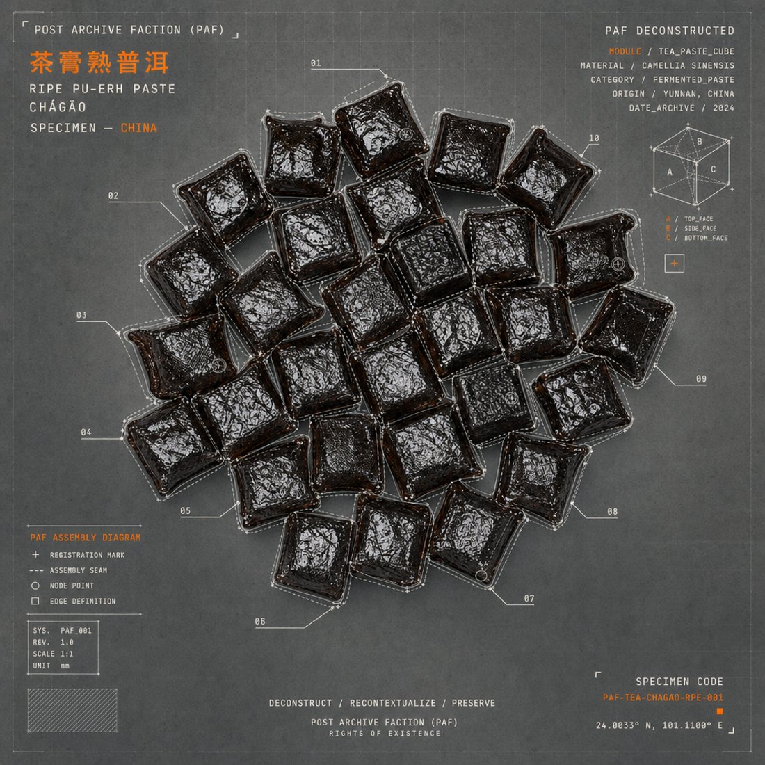 Pressed pu-erh squares on grey with dashed white seams, numbered callouts from 01 to 10 and an orange specimen code printed at the foot