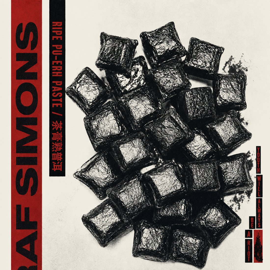 High-contrast halftone photograph of pressed pu-erh squares on off-white with a vertical red band down the left edge carrying a name in condensed capitals
