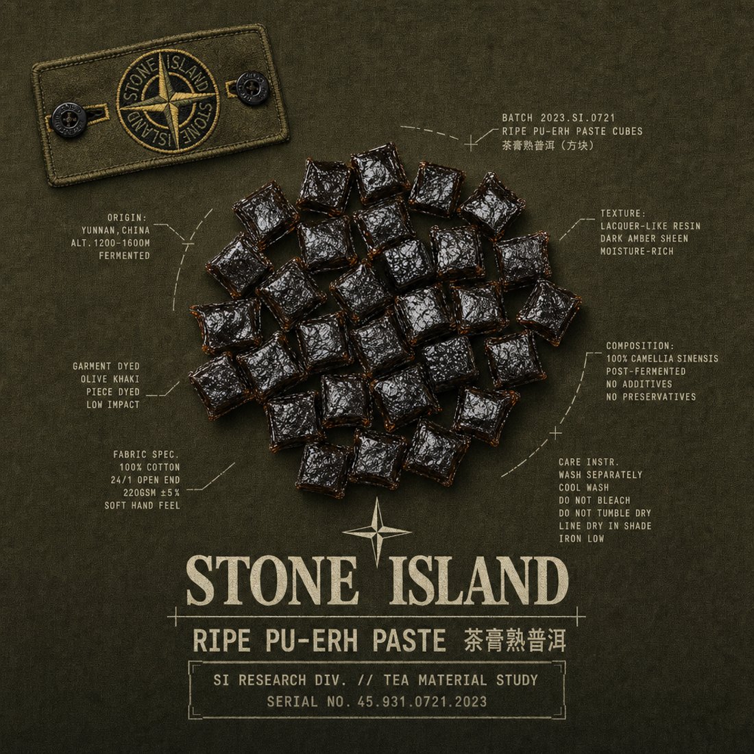 Ripe pu-erh cubes on olive garment-dyed canvas with an embroidered compass badge above and mono callouts on dashed leader lines