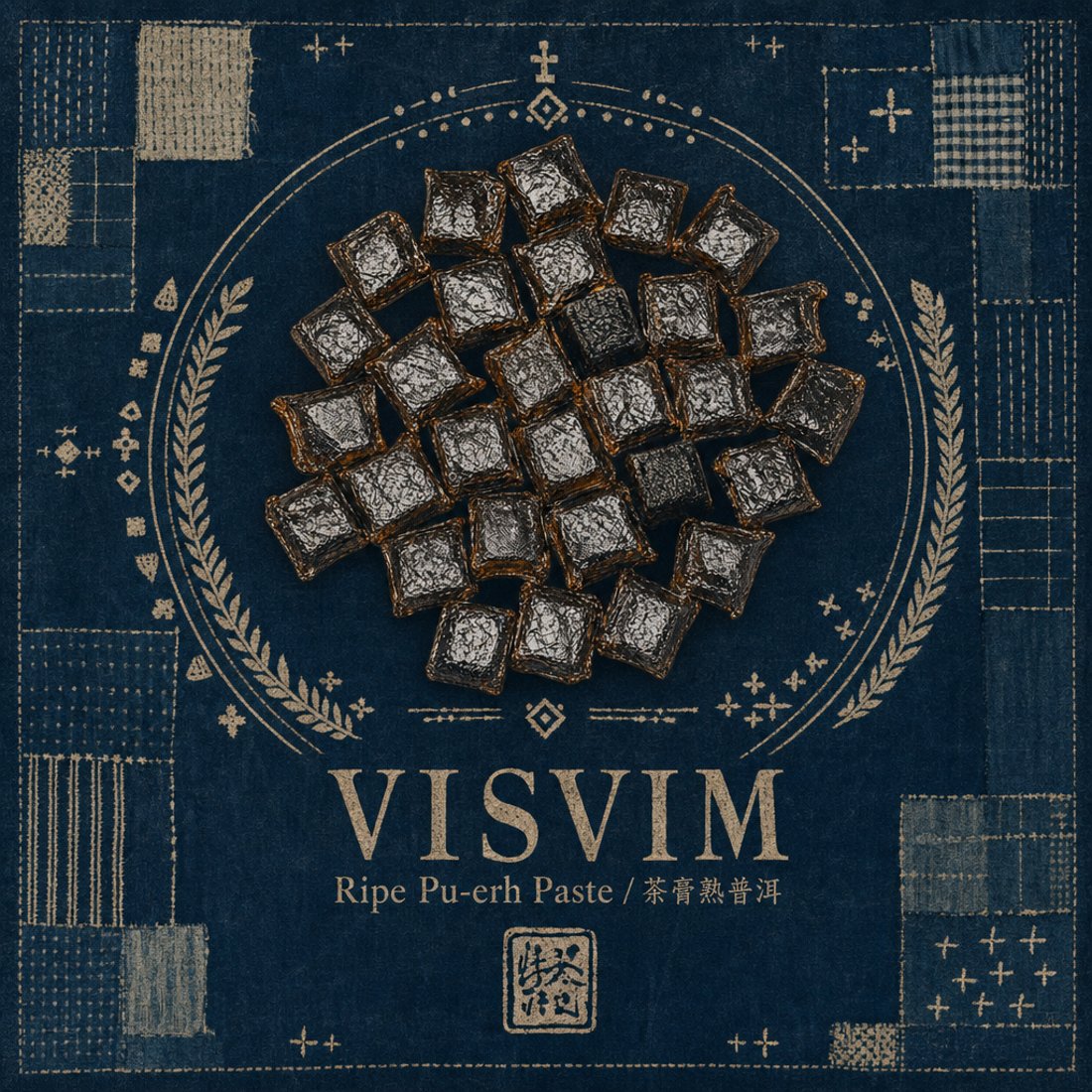 Squares of pressed ripe pu-erh on patched indigo cloth with running stitch and a wheat-ear wreath, under wide gold serif capitals