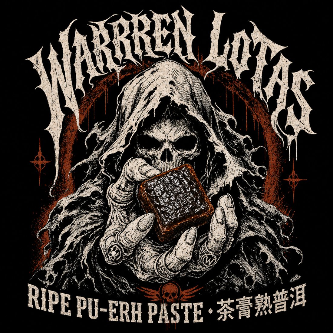 An inked hooded skeletal figure holding a pressed block of ripe pu-erh in both hands under spiky arched lettering