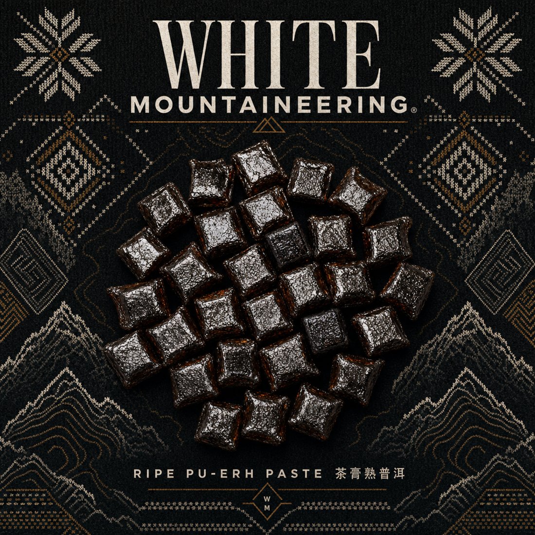 Black gold red tea in a round mound on dark knit with gold diamond jacquard borders, engraved snow peaks and an altitude scale beneath the name