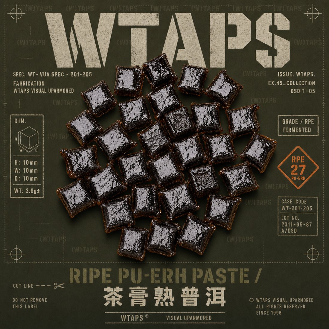Pressed pu-erh squares on olive drab canvas under open stencil capitals, surrounded by crosshair targets, a dimension box and an orange grade stamp