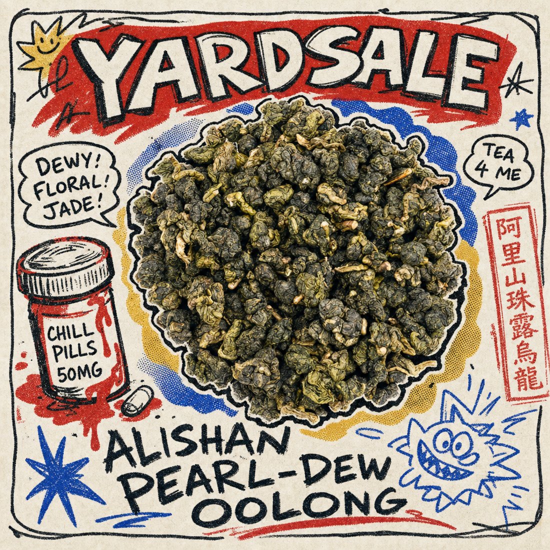 Roasted tartary buckwheat granules in a circle on cream newsprint surrounded by marker-drawn bursts, a smiling cup on a skateboard and hand lettering