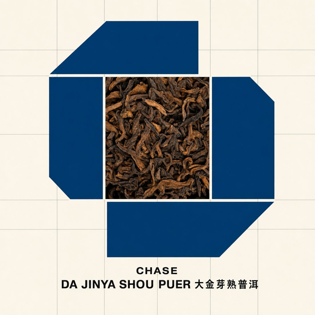 A navy octagon of four rotated slabs on off-white, with a photograph of dark ripe pu-erh leaf filling the square opening at its centre
