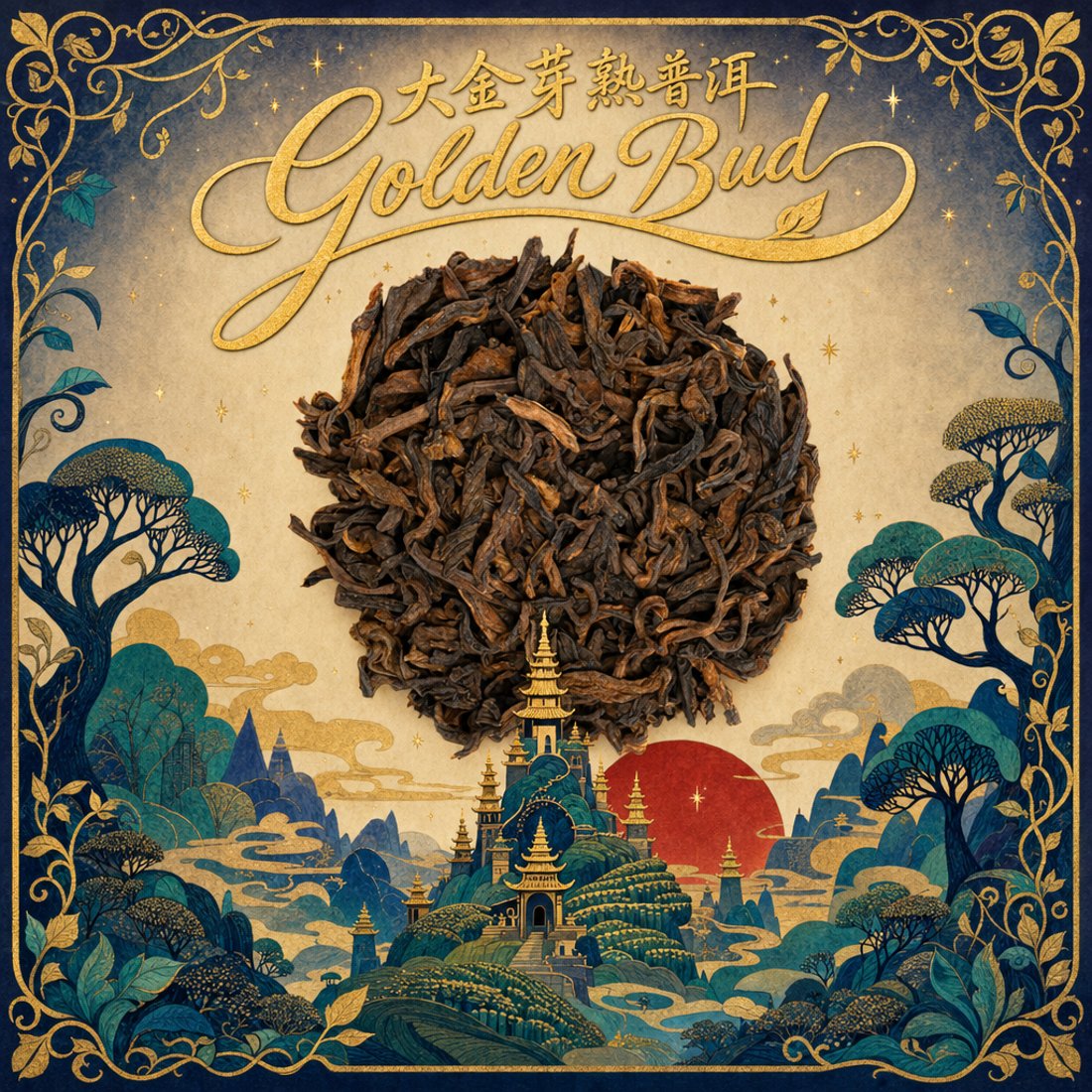 Chunks of pu-erh paste above a gold-lined navy and teal landscape of pagodas, clouds and trees, with a gold script title beneath