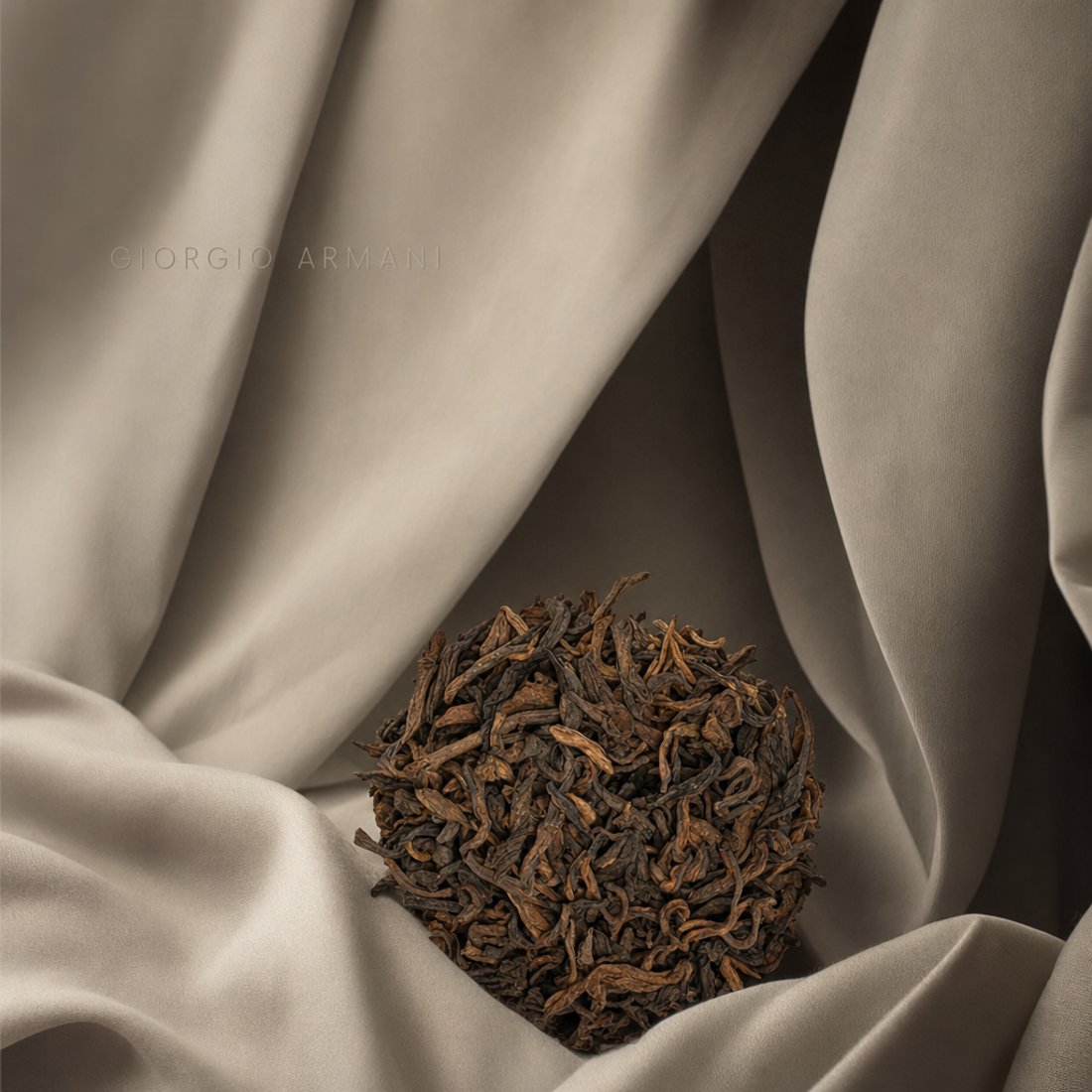 Golden-bud ripe pu-erh resting in a hollow of greige silk, the folds moving from sand to deep shadow