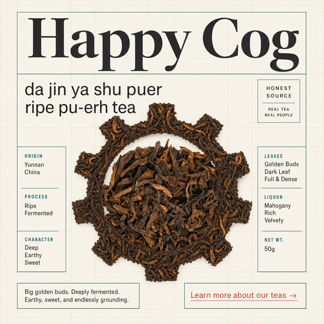 Ripe pu-erh leaf arranged as a toothed cog on off-white, surrounded by thin teal-ruled panels listing origin, process and character