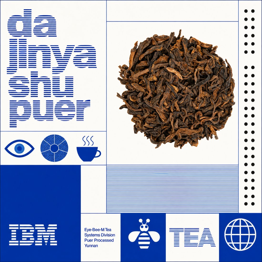 Dragon Well leaves in a circle above the word longjing set in striped ultramarine letters on white