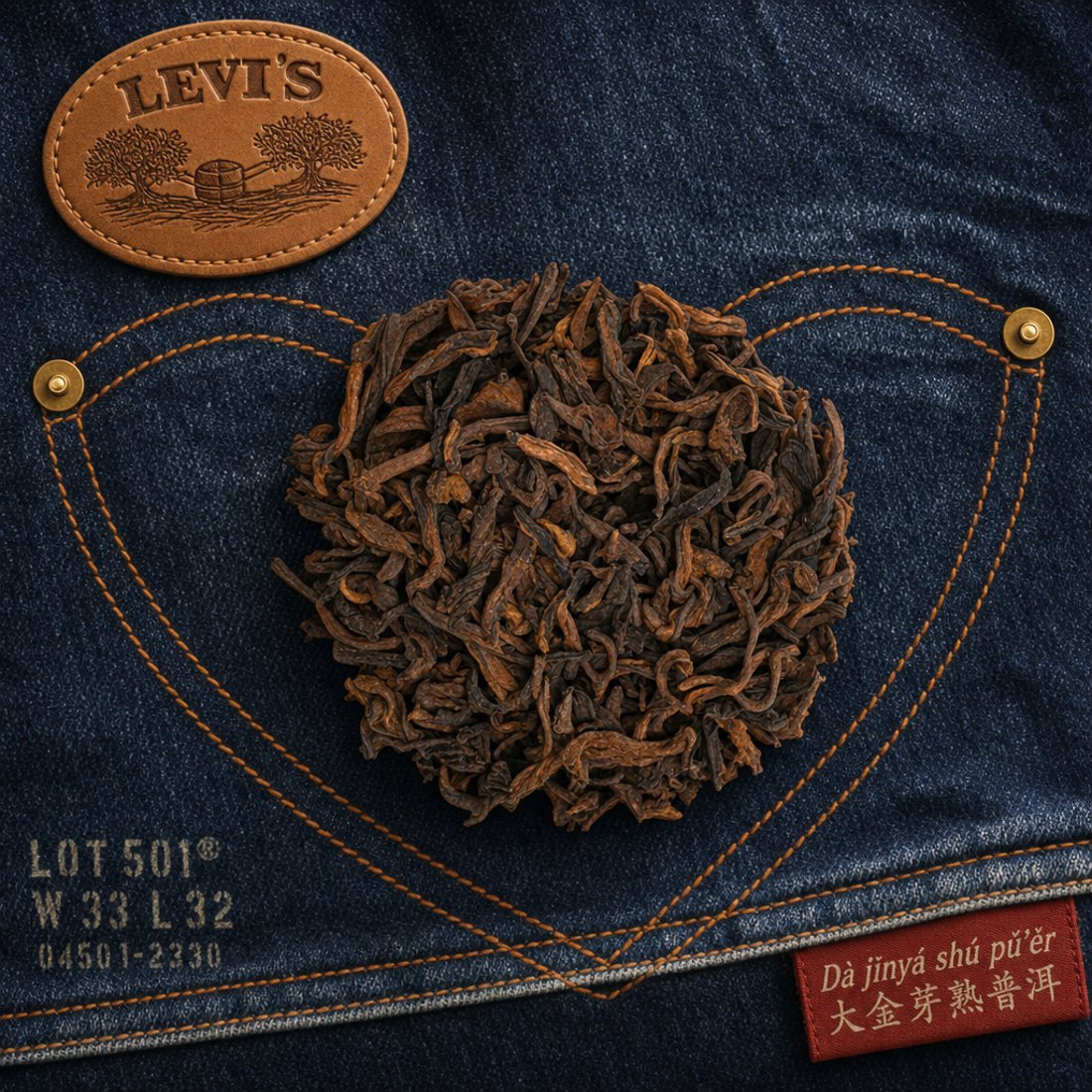 Golden-bud ripe pu-erh on dark indigo denim inside an orange double arcuate stitch, with copper rivets and a red woven tab