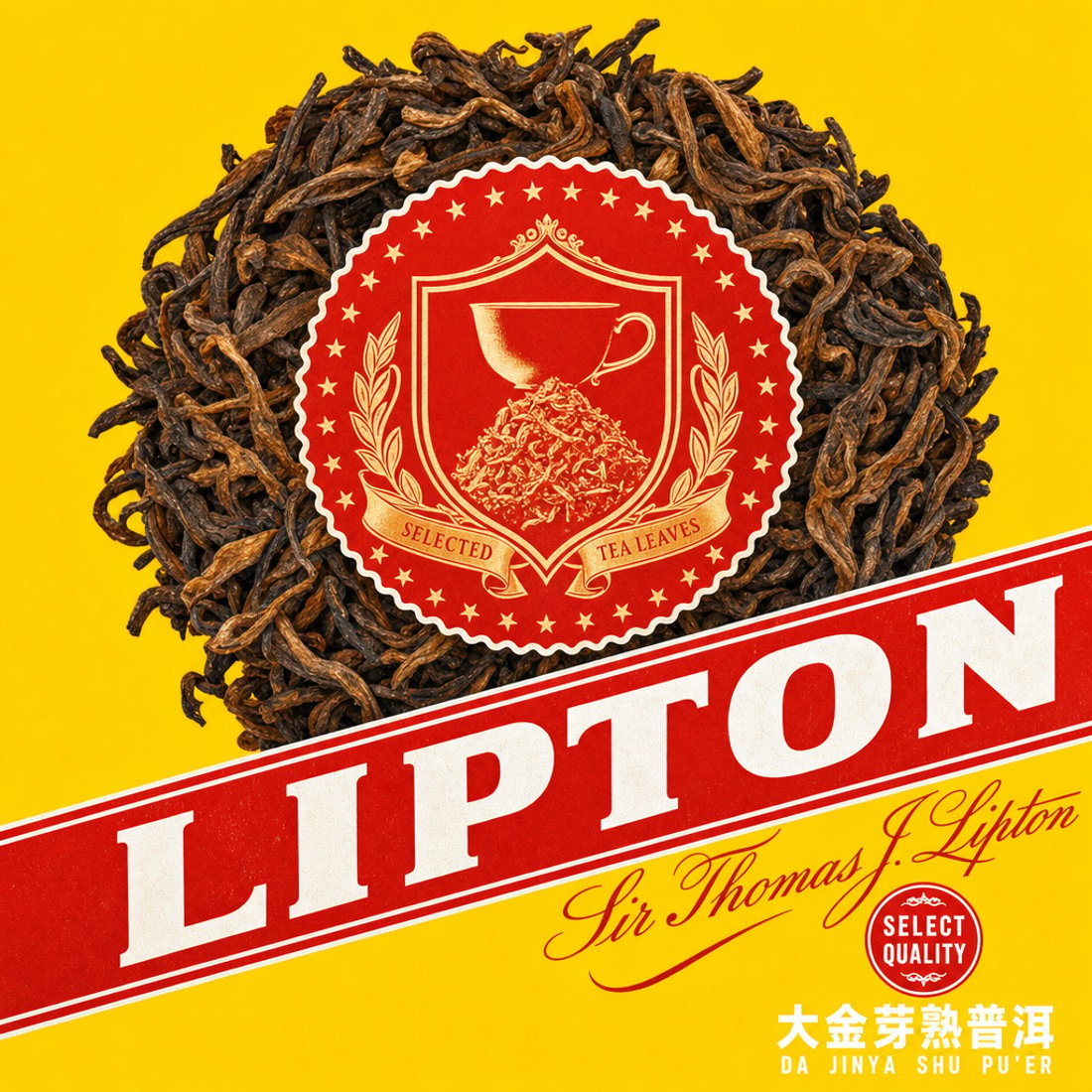 Longjing leaves filling the shield of a scalloped red and gold seal with a star ring and a folded ribbon reading the tea name