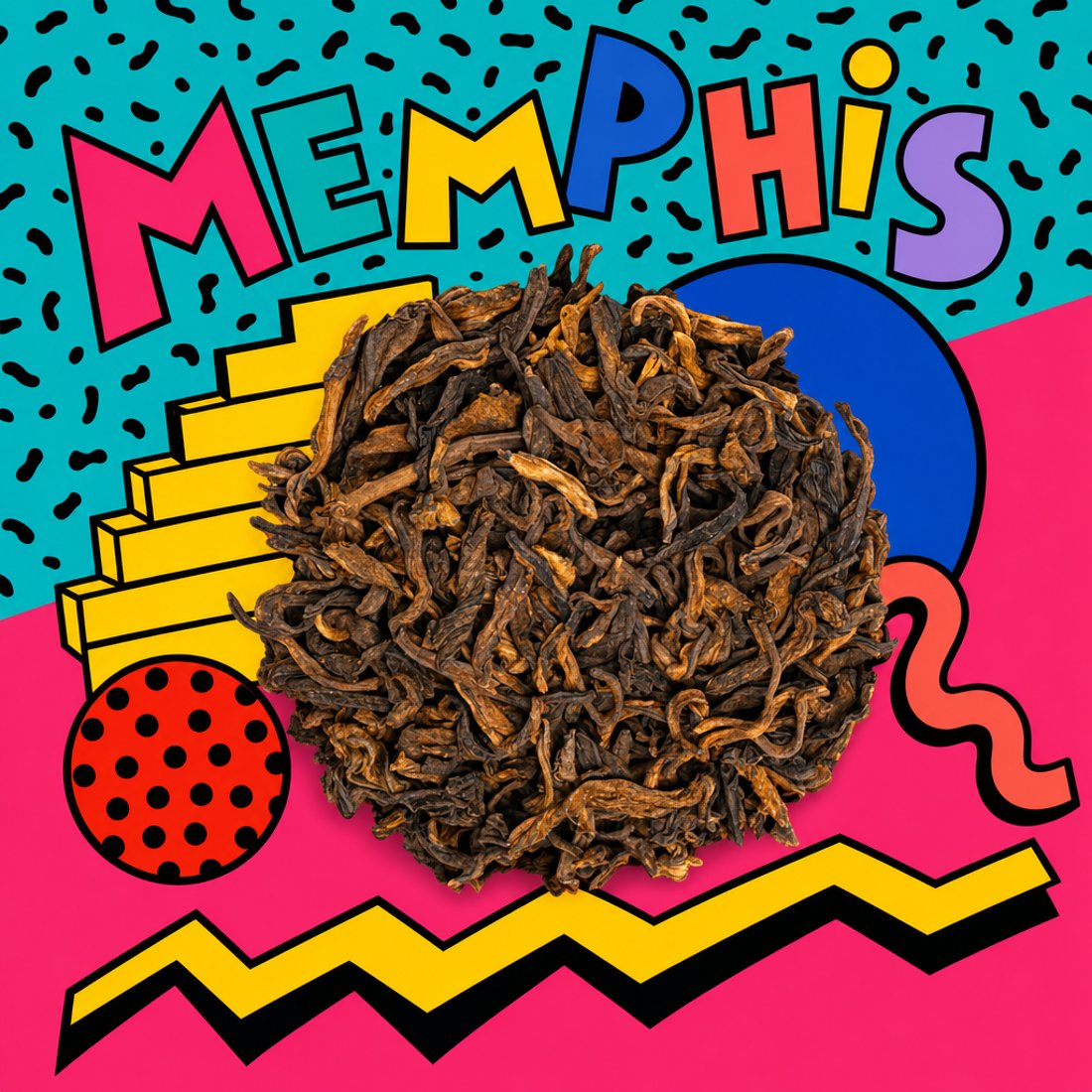 Circle of loose golden-bud pu-erh on split turquoise and pink, surrounded by black squiggles, a yellow zigzag, a stepped block and a red dotted disc