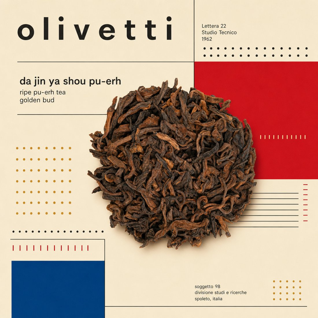 Ripe pu-erh leaves in a circle on cream board beside flat red and blue rectangles and grids of small ochre and black dots