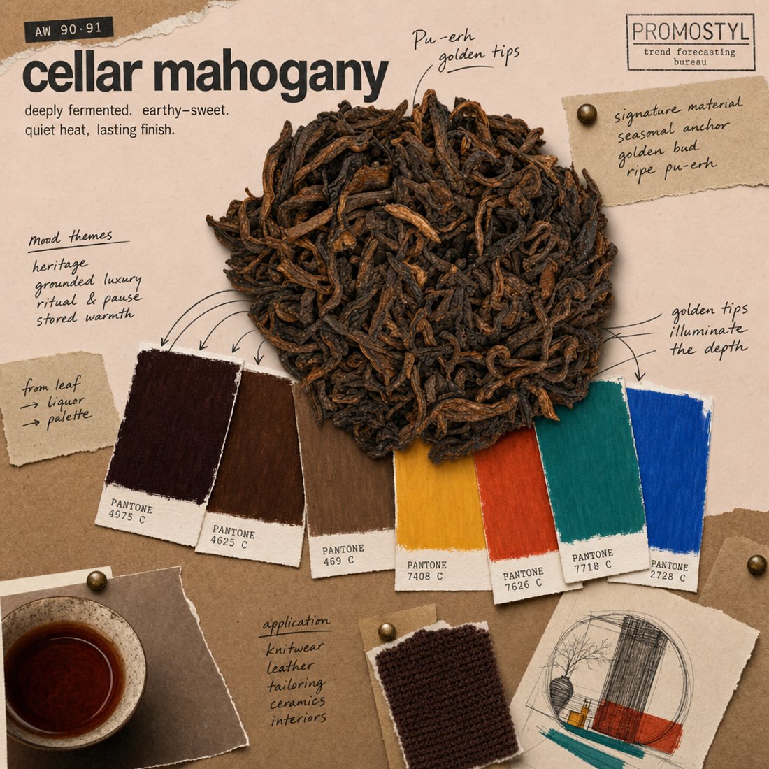 A trend board of torn kraft paper with brass pins, painted Pantone chips and handwritten arrows pointing at a pile of gold-tipped ripe pu-erh