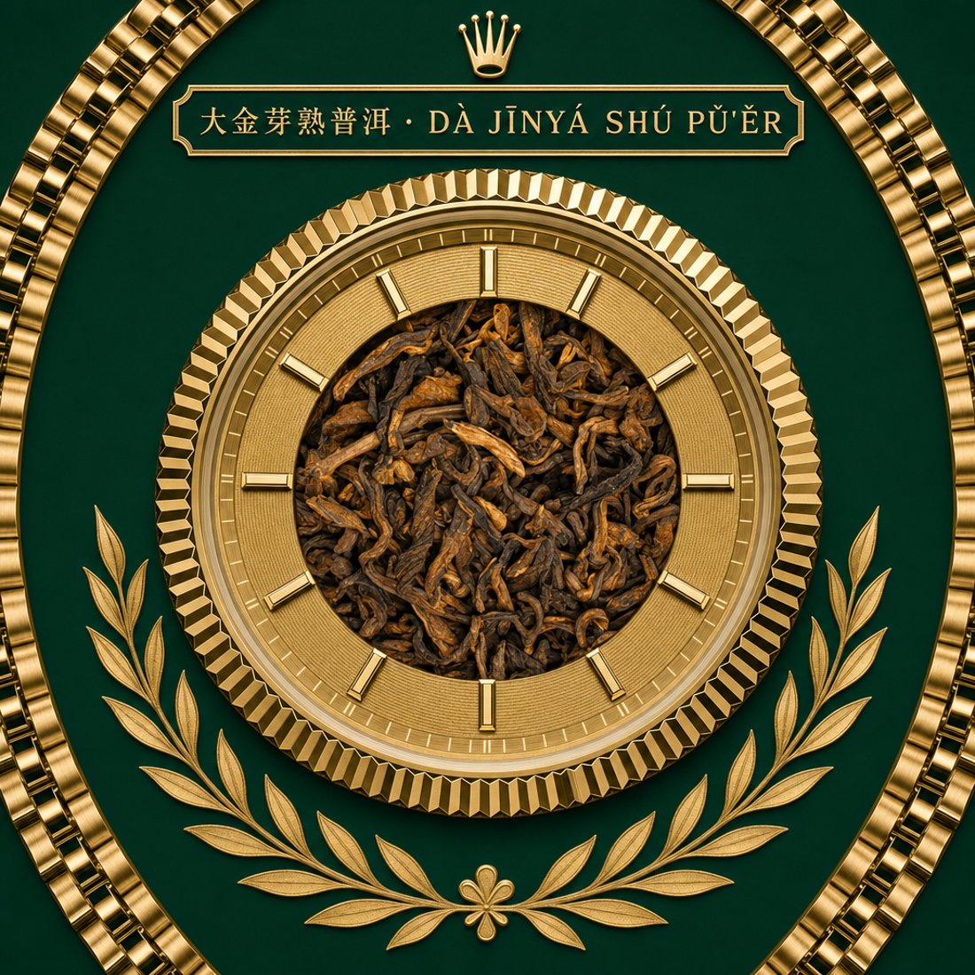 Xihu Longjing leaves at the centre of a gold dial with a fluted bezel, a green enamel ring and small gold gaiwan and teapot pictograms at the hour marks