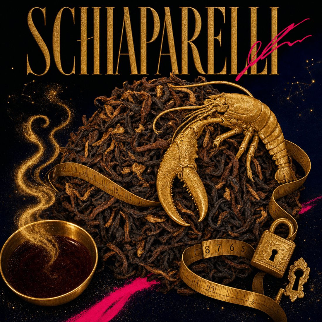 A black block of pu-erh resin veined with gold, a gold keyhole plate set into its face and a slice of shocking pink glowing in the crack