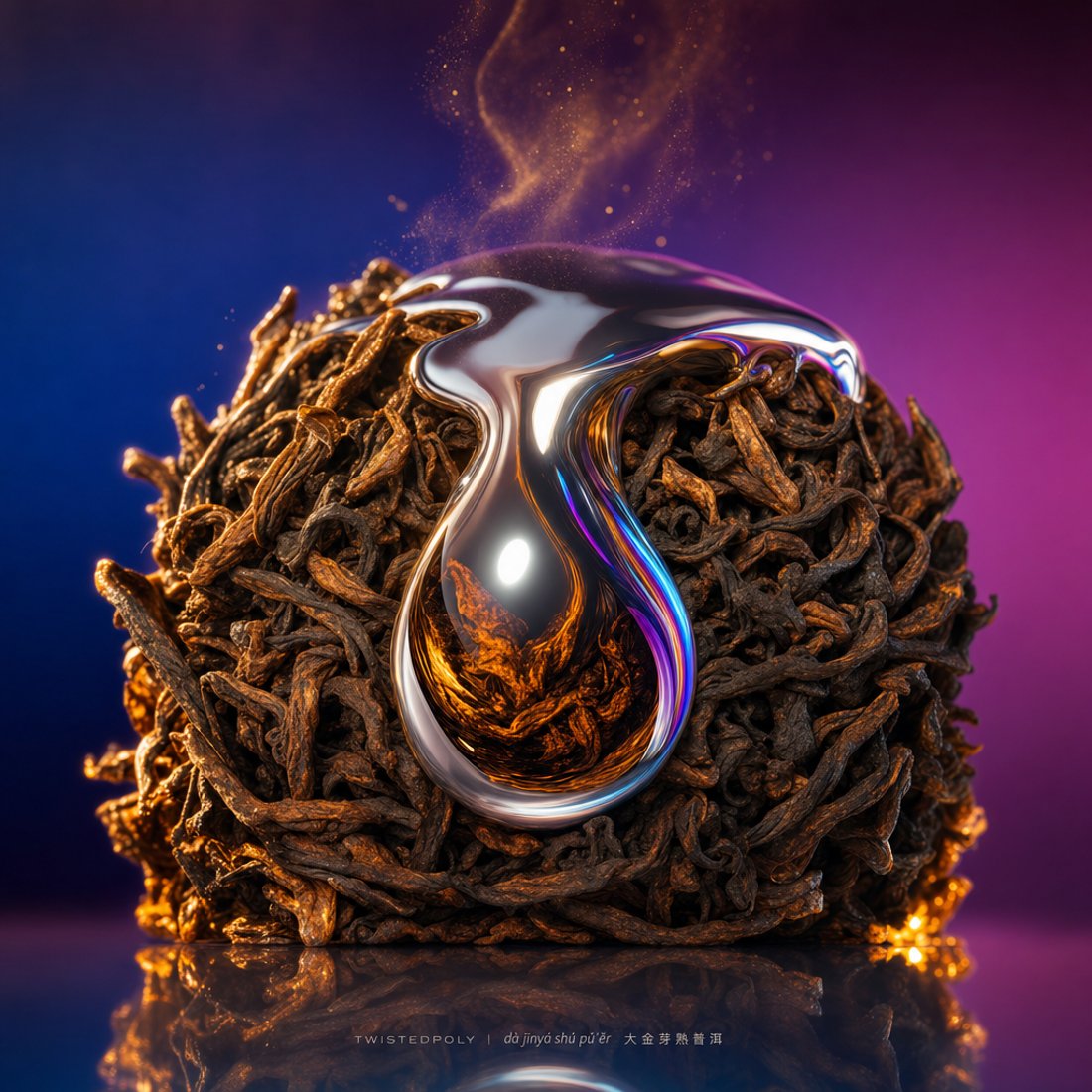 A block of pu-erh paste inside a folded chrome shell with iridescent rims and amber liquor, floating on white